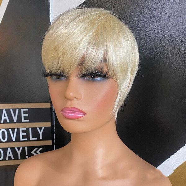 

pixie cut machine-made short wig straight blonde 150% density, Black
