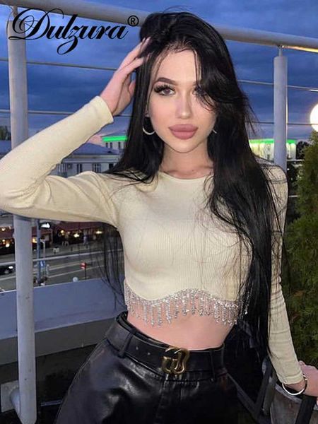 

dulzura women ribbed tessal bling glitter y2k clothes long sleeve o-neck crop korean fashion vacation streetwear t shirts 0225, White