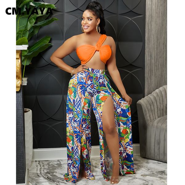 

women's two piece pants cm.yaya beach women two 2 piece set outfits high split straight wide leg paisley pants bow strapless crop match, White