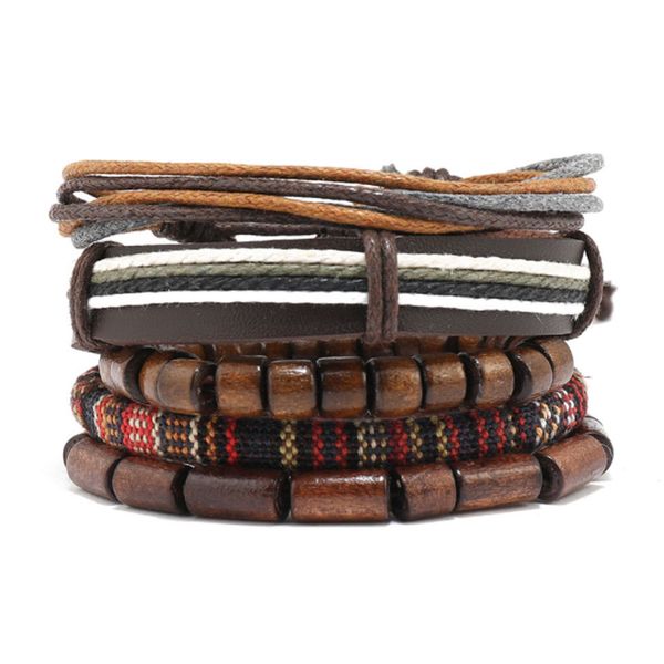 

rope leather handmade braided multilayer wooden beaded charm bracelets set adjustable bangle party jewelry for men, Golden;silver