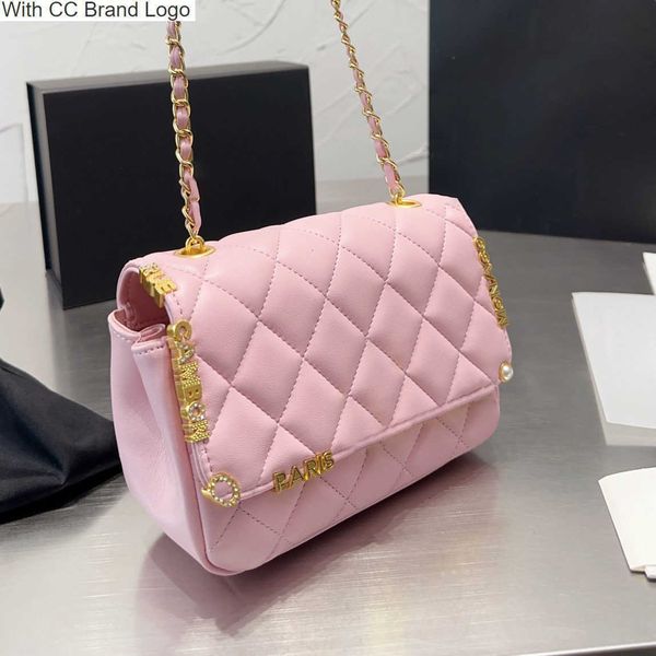 

cc brand cross body designer shimmer diamond badge flap bag with shiny beads sheepskin plaid quilted metal turnbuckle hardware chain shoulde