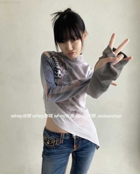 

harajuku spring new retro y2k anime semi-high collar irregular hollow out design long-sleeved girls punk goth tee shirt 0225, White
