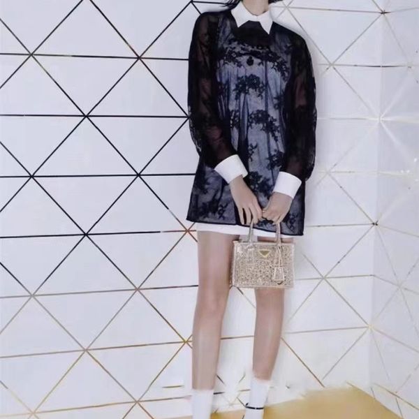 

2023 mini dress black lace patchwork white lapel luxurious design vintage elegance, Black;gray