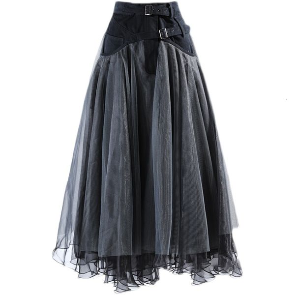 

skirts chic mesh patchwork design skirt elegant temperament high waist draped woman spring summer fashion simple jupe 230225, Black