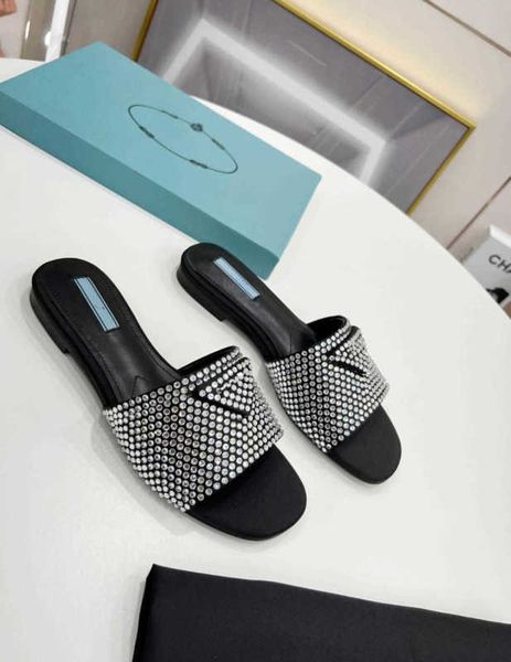 

slippers 2022 designer women's luxury pearl rhinestone slippers platform leisure summer wide flat beach sandals size 35-42 with box, Black