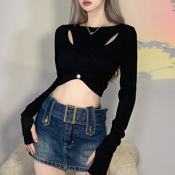 

women's tshirt tshirt solid color slim fit navel street fashion round neck longsleeved for women spring pullover clothing 230225, White