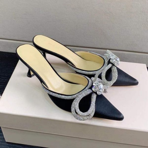 

mach slippers satin bow pumps crystal embellished evening shoes 6.5cm stiletto heels sandals women medium heels luxury designers ankle strap, Black