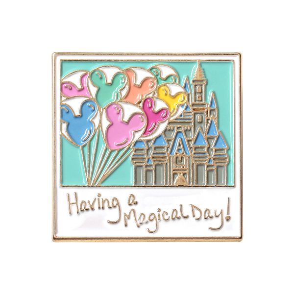 

cute castle balloon brooches for girls cartoon gold plated letter having a magical day enamel pins square badges alloy fashion jewelry gift, Gray