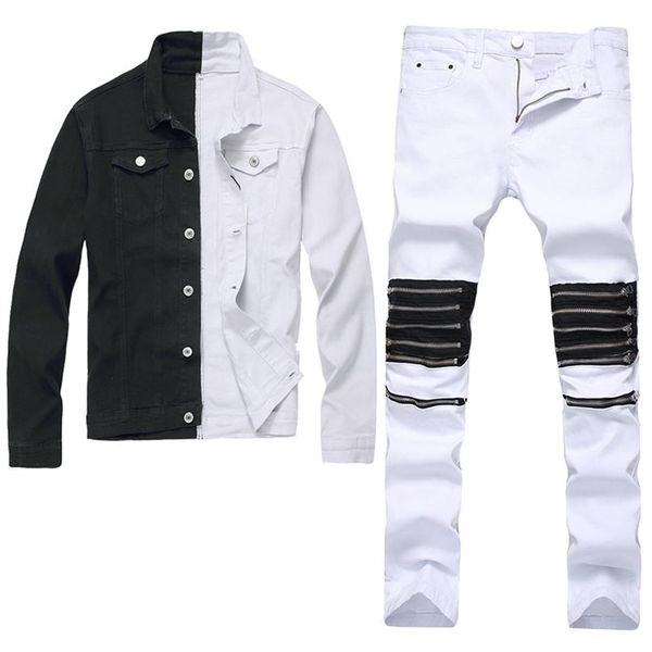 

men's slim fit tracksuits denim jacket pants 2pcs set black and white two-color long sleeve coat ripped holes zipper decora266u, Gray