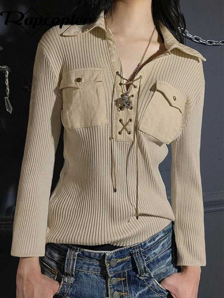 

rapcopter y2k lace up t shirt knitted skin full sleeve pockets crop turn down collar retro harajuku tee women autumn korean 0225, White