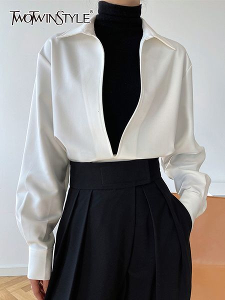 

women's blouses shirts twotwinstyle loose blue shirt for women v neck long sleeve solid minimalist vintage blouses female korean fashio, White