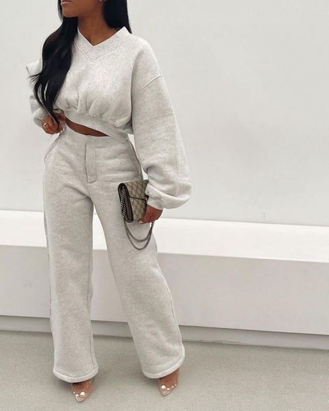 

women's two piece pants casaul women tracksuit two piece set shirt long pants solid color pulf sleeve streetwear clothes for women wint, White