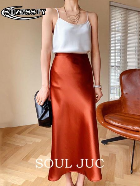 

skirts for women korean fashion clothing silk satin solid highwaisted skirt allmatch loose elegant 's 230225, Black