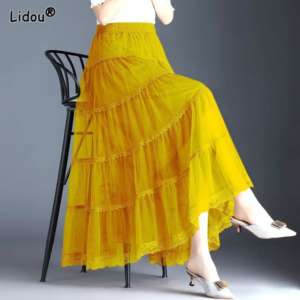 

skirts spring summer mesh anklelength aline skirt high waist slub gauze drape multiple colour bright colors slim women's clothing 23022, Black