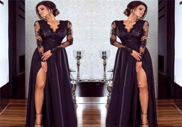 

sheer long sleeve lace african prom dresses v neck formal party gowns high side split celebrity prom dresses vestido de6958644, Black