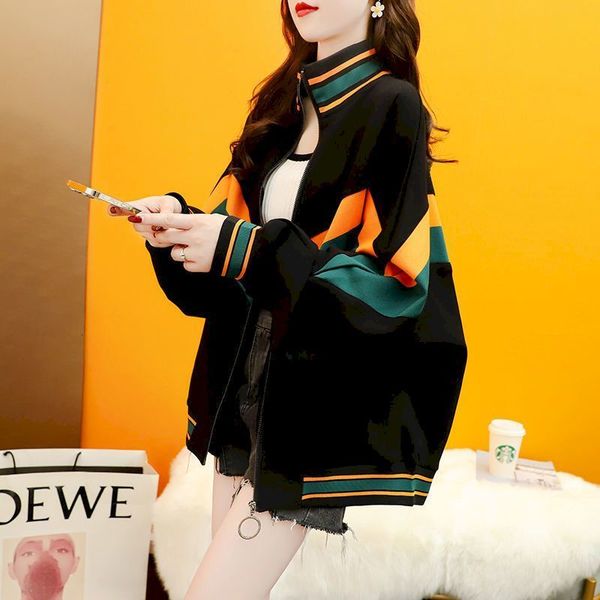 

womens hoodies sweatshirts spring autumn thin coat korean style standup collar cardigan jackets women colorblock stitching loose casual jack, Black