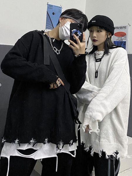 

men's tshirts pfnw torn sweater hip hop dark style streetwear solid hollow out rotten edge oneck pullover autumn casual male 230224, White;black
