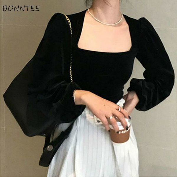 

women's blouses shirts blouses women solid square collar puff sleeve corduroy abdomen fashion feminino slim retro temperament elegant, White