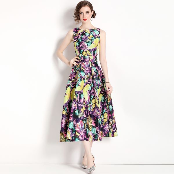 

2023 summer floral printed vest dresses for special occasion women designer slim birthday dinner midi dress ladies cocktail party frocks chi, Black;gray