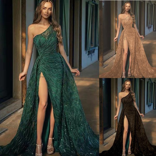 

women's green oblique shoulder slit long dress toast dress sequined suspenders evening dress, Black;gray