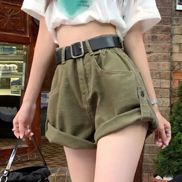 

skirts korean style high waist mini skirt women 2023 summer with belt green short culotte woman streetwear pocket cargo 230225, Black