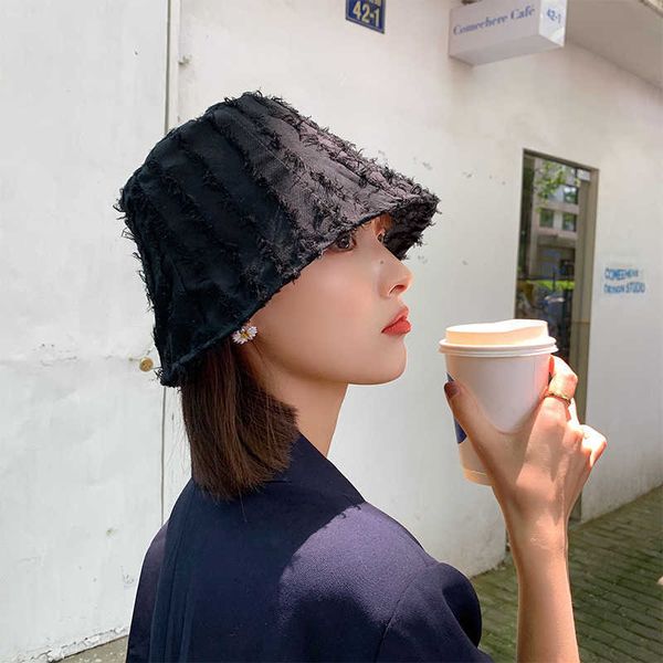 

wide brim hats women's korean-style fashionable all-match japanese summer thin sun-proof striped big head circumference niche bucket ha, Blue;gray
