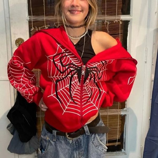 

women's hoodies sweatshirts spider web red hoodie sweatshirt zipper warm harajuku punk grunge y2k clothing women hip hop sweatshirt hoo, Black