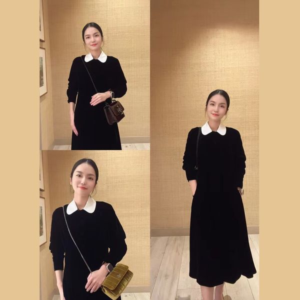 

2023 little black dress for women long sleeve lapel neck velour dress, Black;gray