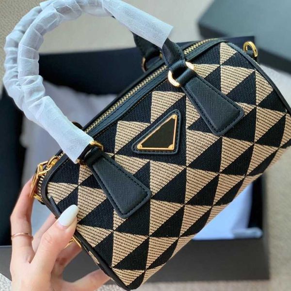 

75%off fashion shoulder bags for boston pillow embroidery fabric handbag triangle pattern cylinder women's bag luxury crossbody handbag