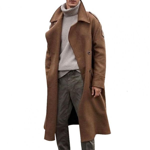 

men' blends retro winter coat men long trench casual brown warm streetwear jacket outerwear drop 230225, Black