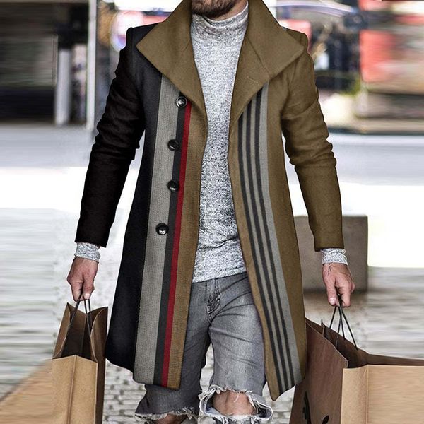 

men' blends winter thick fleece coat for men vintage striped print loose long sleeve turn-down collar buttoned trench mens fashion over, Black