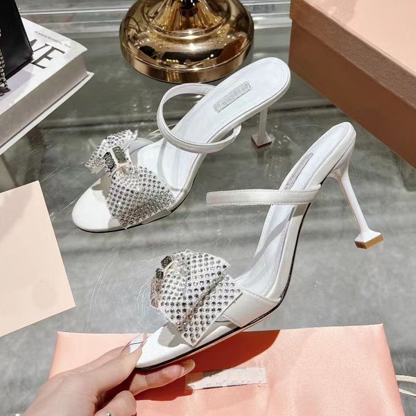 

fashion slippers women crystal satin bow banquet shoe designer high heeled sandals black quality summer beach open toe factory shoes