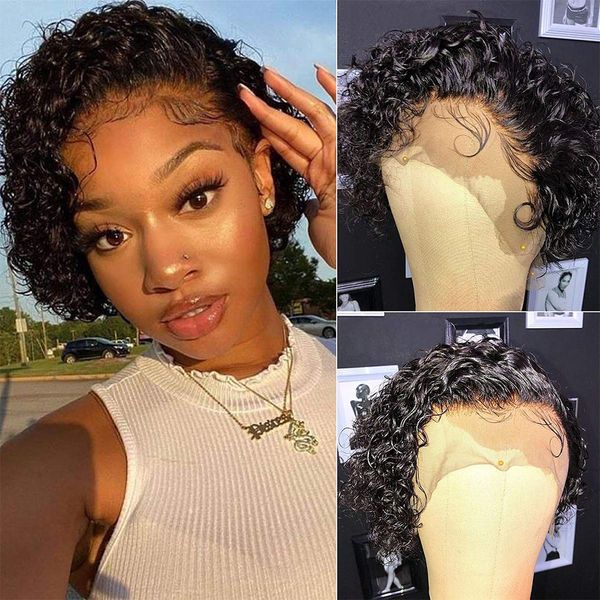 

pixie curl i-part lace wig 13x1 short wig curly 150% density, Black