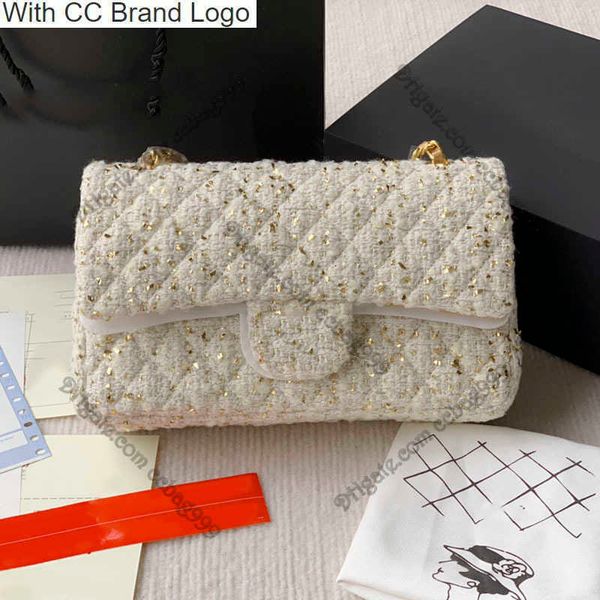 

cc brand cross body 25cm glitter woolen two-tone flap quilted bags white blue pink tweed gold metal hardware handbag chain womens shoulder c
