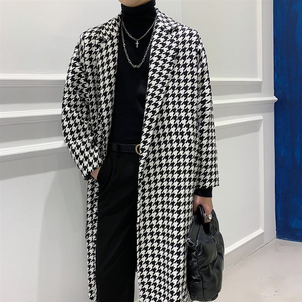 

men' blends autumn winter korean thick temperament houndstooth long woolen coat men's knee-length british style windbreaker jacket, Black