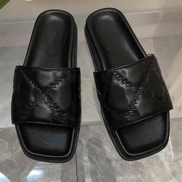 

women slipper designer slippers slides quilting sandals real leather luxury flat shoe rubber thick bottom flip flops beach summer shoes big, Black