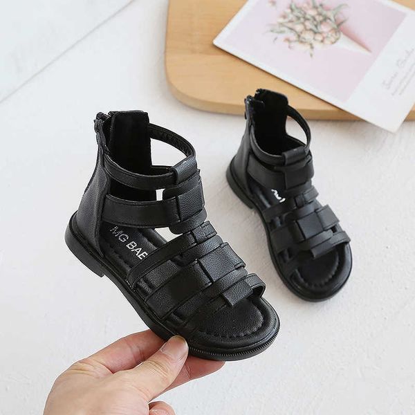 

sandals 2022 summer girls shoes leather fashion toddler gladiator sandals baby girls sandals high roman sandles for girls z0225, Black;red