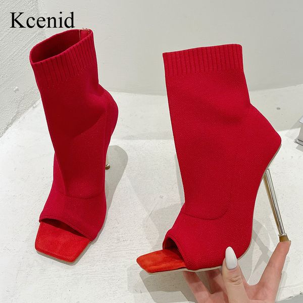 

boots kcenid 2023 red green women ankle peep toe metal heel knitted stretch fabric cut out thin high heels shoes 230224, Black
