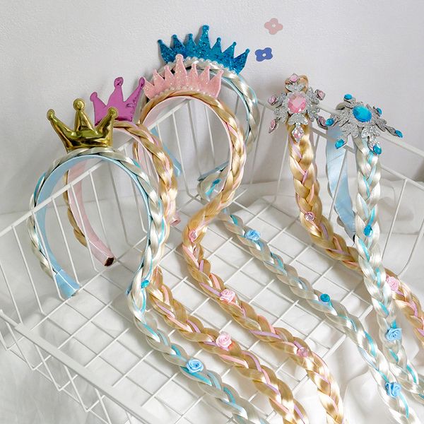 

kids accessories ribbon children's crown ice and snow hair band girl's baby wig long braid bow hair clip princess aisha hair acces, Slivery;white