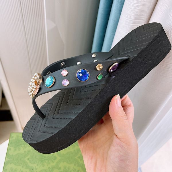 

women's platform slippers flat low heel flip flops sandals rhinestone decoration brand luxury designer classic travel outdoor casual sh, Black