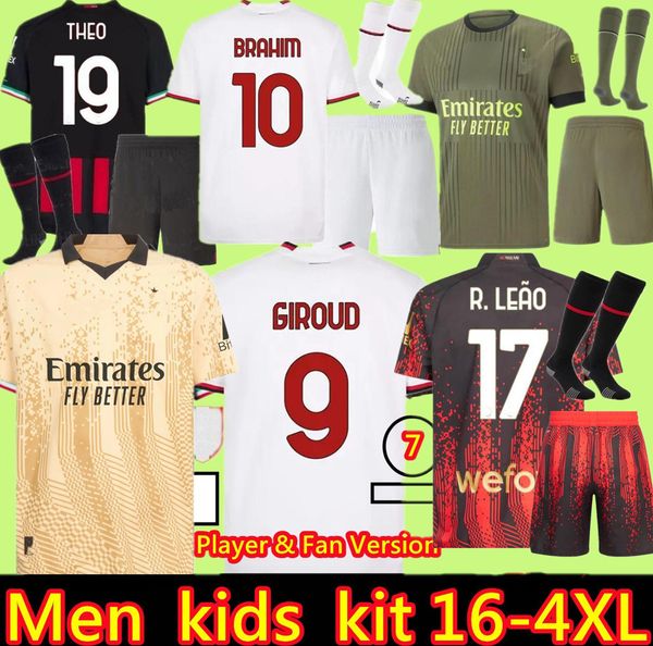 

ac 22 23 champions ac milans soccer jerseys 2022 2023 tomori giroud ibrahimovic third home 2022 tonali player version special goalkeeper kid, Black;yellow