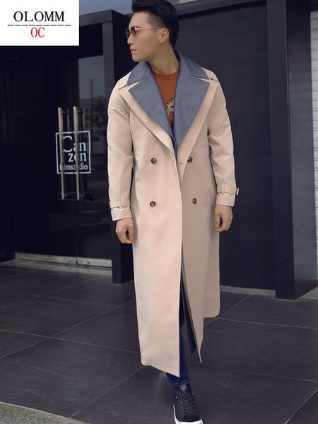 

men' blends olomm korean style design double-layer lapel long trench coat double breasted fashion dy1602 230225, Black