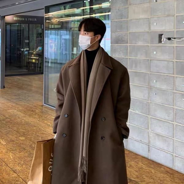 

men' blends winter men black thick woolen trench coats korean style male loose casual trenchcoat streetwear windbreaker 230225