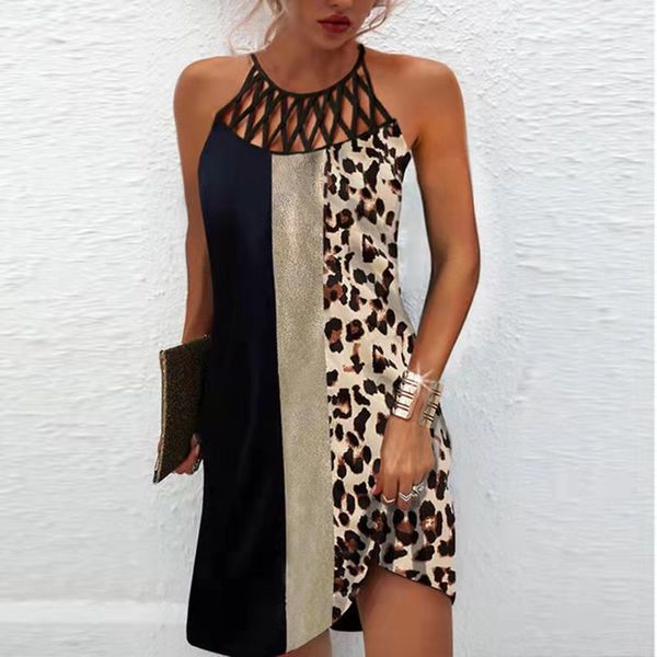 

dress europe and the united states spring and summer new amazon national wind flower net with sleeveless casual dress women leopard print dr, Black;gray
