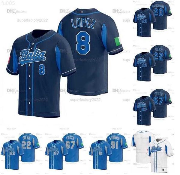 

2023 world baseball classic italy jersey 8 nicky lopez 9 vinnie pasquantino 20 miles mastrobuoni 22 david fletcher 22 tiago da silva, Blue;black
