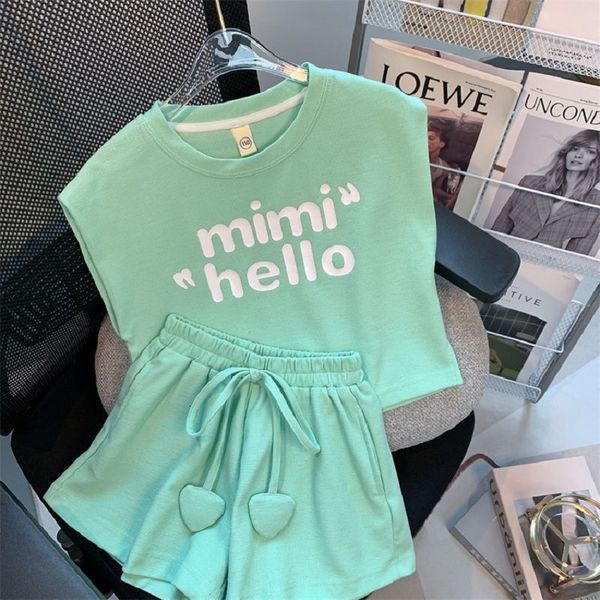 

clothing sets kids summer clothes solid color suit for girls sleeveless tshirt wide leg shorts twopiece letter tracksuits 230225, White