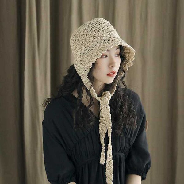 

hbp new hats 2022 wide brim women's hats spring and summer korean style strappy straw basin cap japanese retro princess style sweet fis, Blue;gray