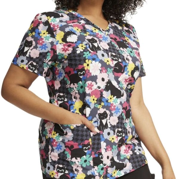 

women's tshirt scrubs floral fur print uniform v neck hopeful hearts 230225, White