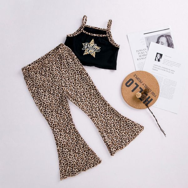 

clothing sets 2pcs summer girls suspender leopard print flared pants fashion kids outfit children clothes suits 230225, White