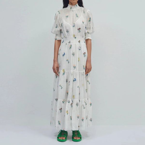 

womens dress australian designer floral embroidery gathered waist stand collar lantern sleeve long dress, Black;gray